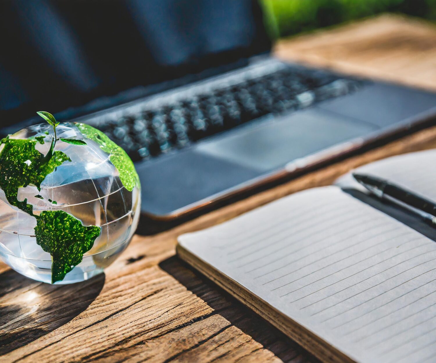 Branding Tips for 2024 - Laptop, crystal world sphere and blank notebook