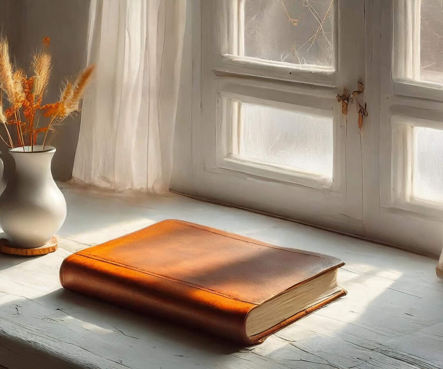 Minimalistic white scene with a orange book on top of a white table